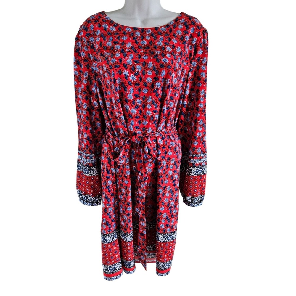 LOFT Woman Size L Shift Dress With Tie Colorful Floral Long Sleeve Key Hole Back